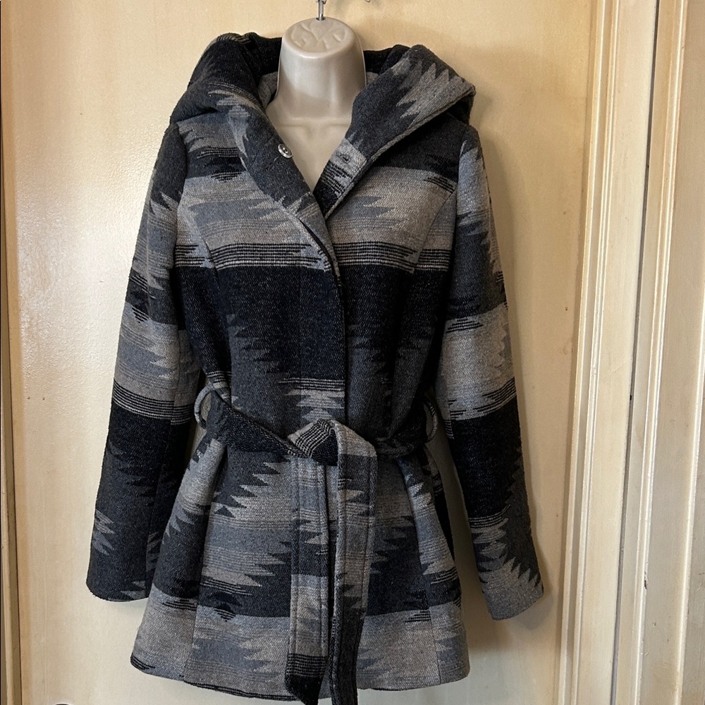 CoffeeShop Black & Gray Hooded Belted Jacket size M